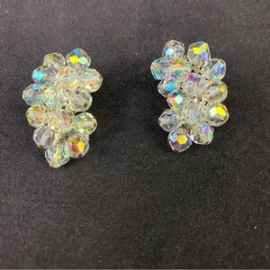 Vintage Clear Bead Cluster Clip On Fashion Earrings Aurora Borealis 1960s